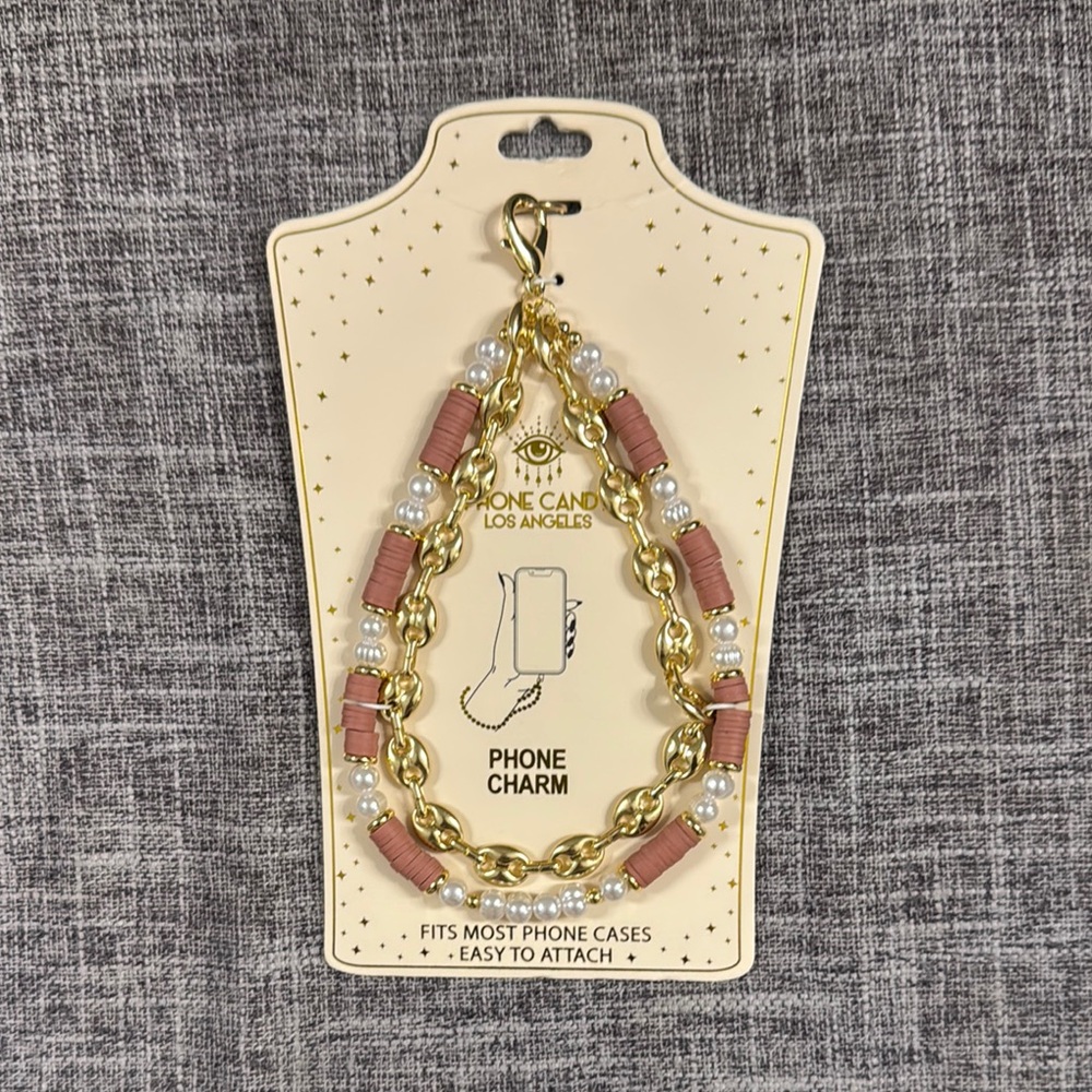 Phone Lanyard Elegant Gold tone, Tan, & White Pearl, Wristlet Phone Handle
